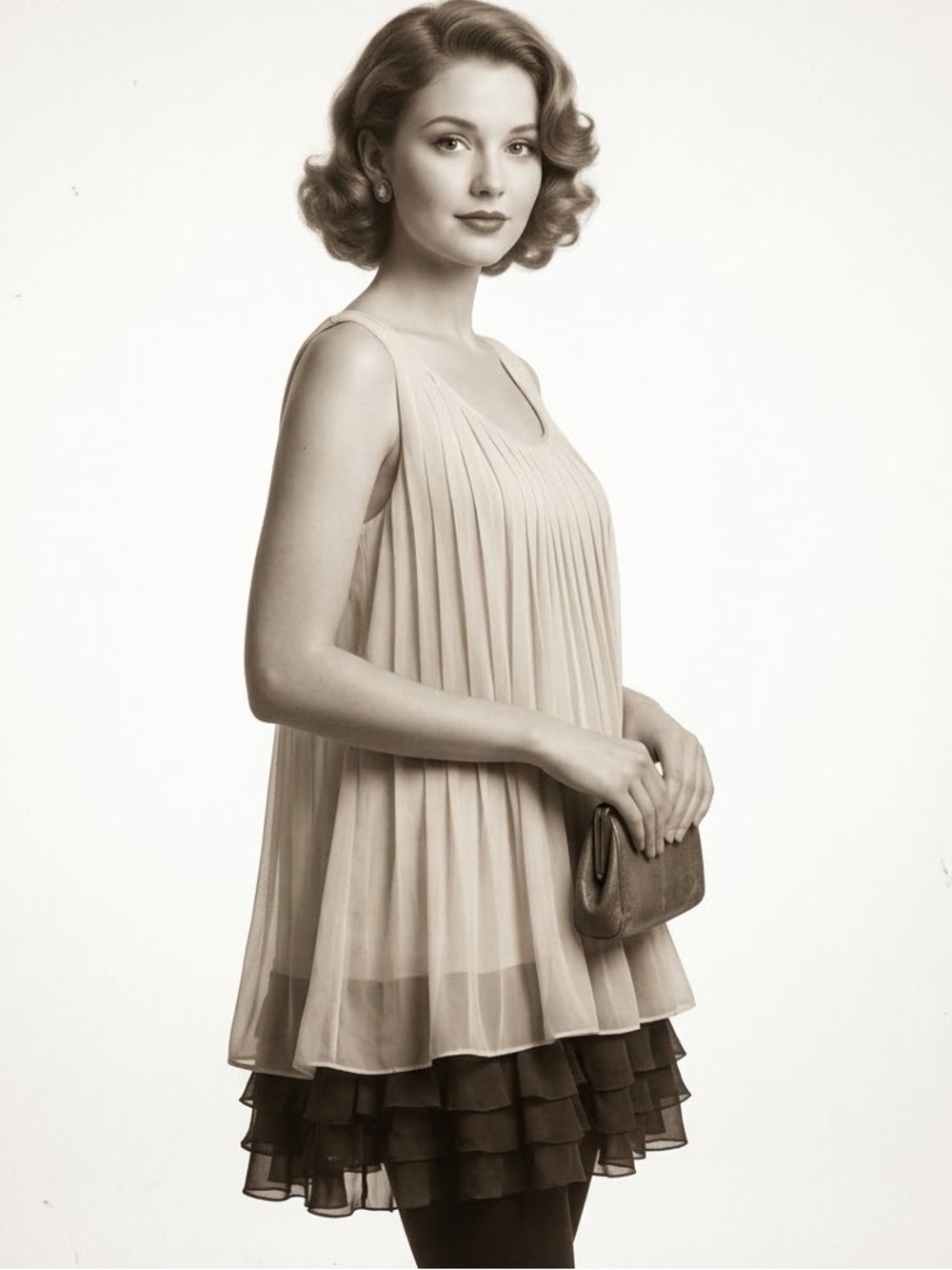 NEW Anthropologie RYU Pleated Ruffle Babydoll Dress SMALL Beige/Brown vintage st